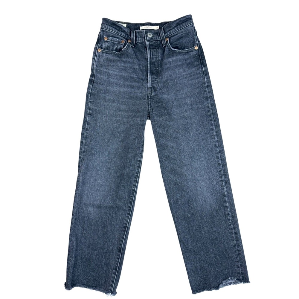 Levi's Premium Wedgie Straight High Rise Jeans Washed Black Raw Hem Size 24
